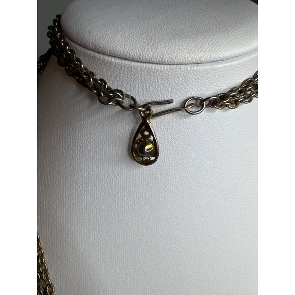 Vintage Gold Tone Multi Chain Necklace Red Glass Accents Tassel Pendant - Picture 4 of 4